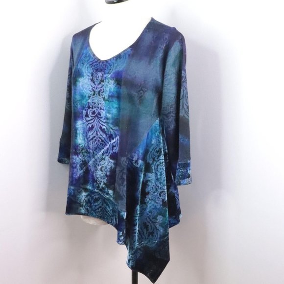 One World Women's M Blue Multi Ornate Velour Knit Asymmetrical Tunic Top - Picture 3 of 10